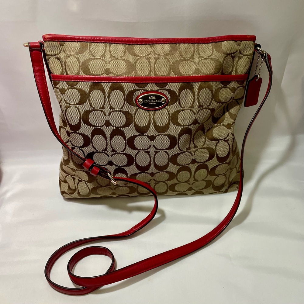 Coach Signature Jacquard File Crossbody Bag F58285 Khaki Canvas Adjustable Strap